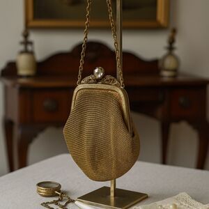 Antique Art Nouveau Gold Mesh Evening Purse Filigree Frame Cut Crystal Clasp VTG